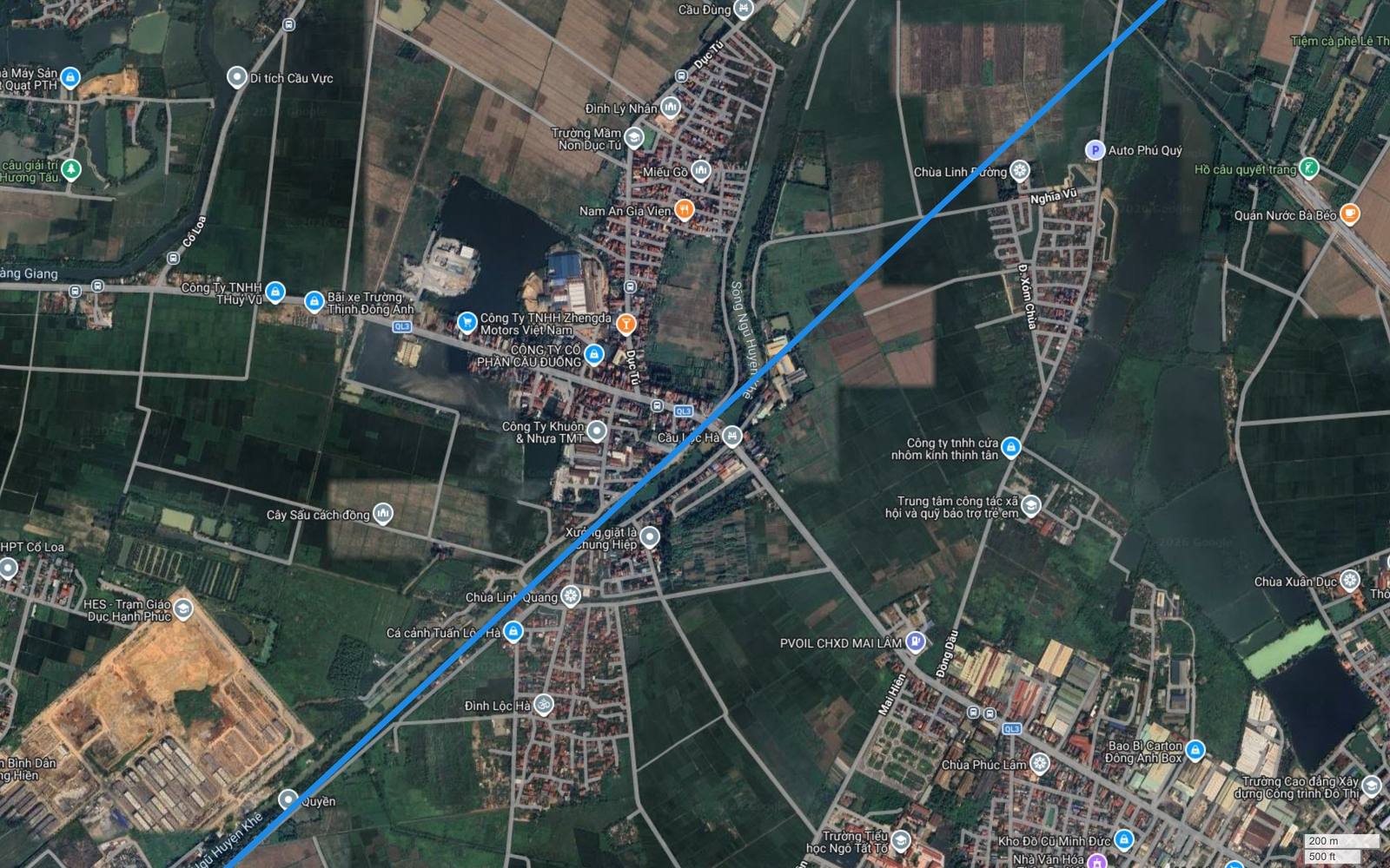 Hành lang metro số 2 Hà Nội cắt Quốc lộ 3 tại khu cầu Lộc Hà thuộc Mai Lâm, Đông Anh, cạnh chùa Linh Quang và đình Lộc Hà